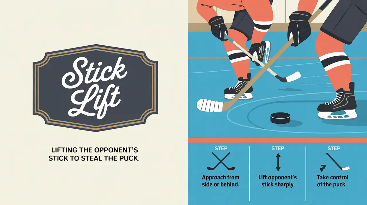 Illustration of hockey stick lift technique with steps and icons