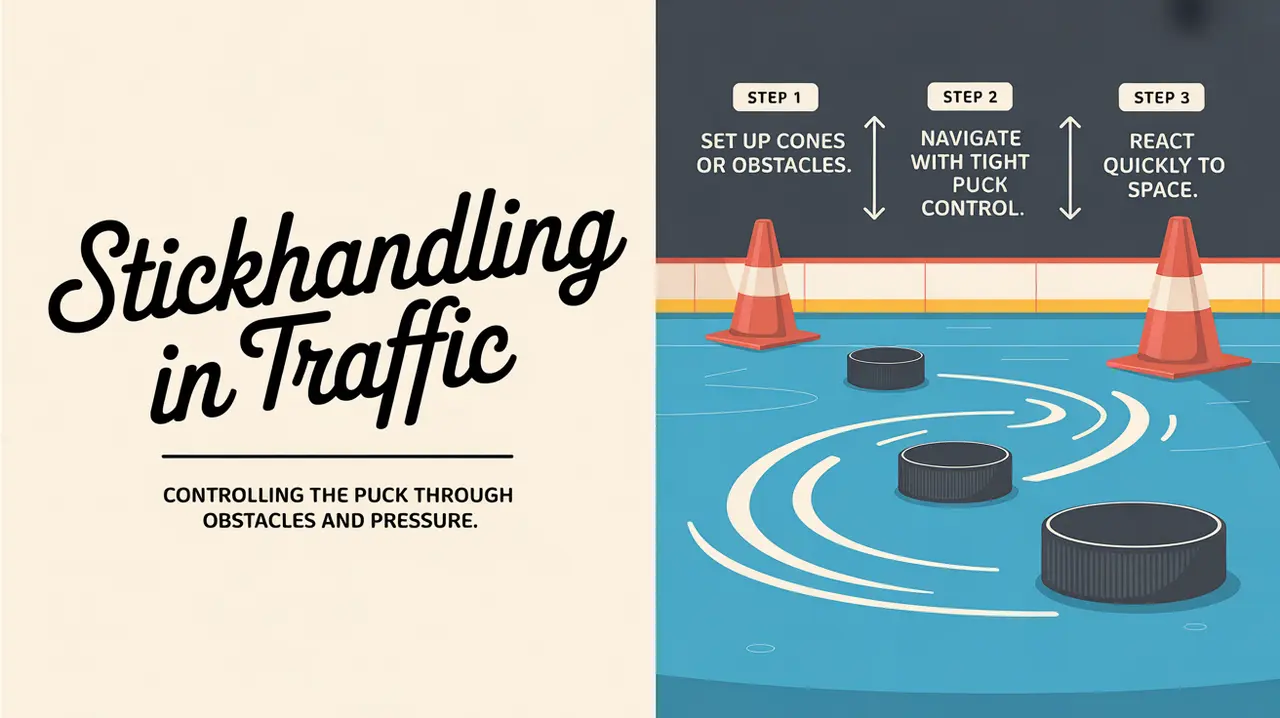 Split-screen hockey stickhandling drill with cones and puck control steps