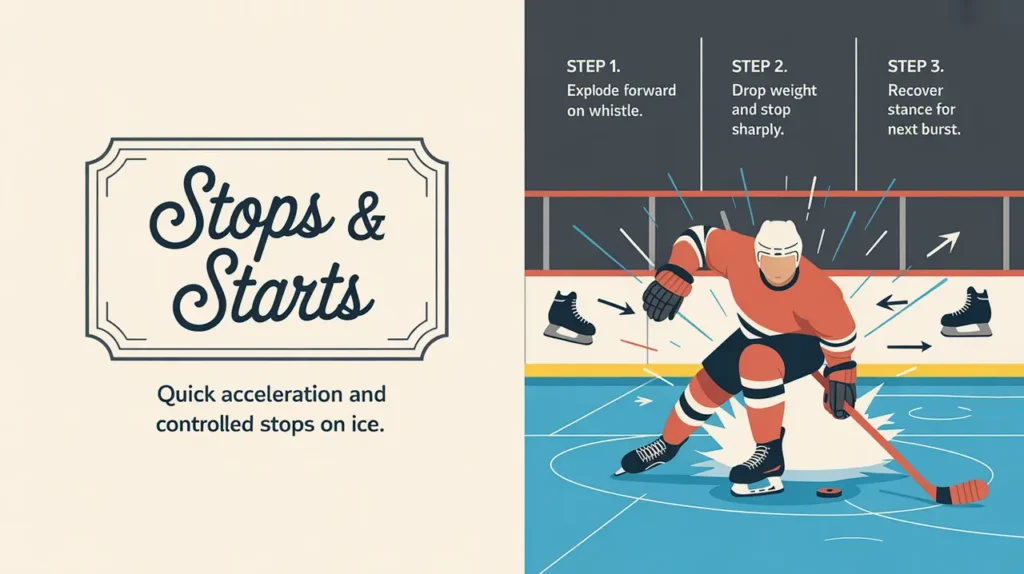 Split-screen hockey skating technique illustration with steps and ice effects
