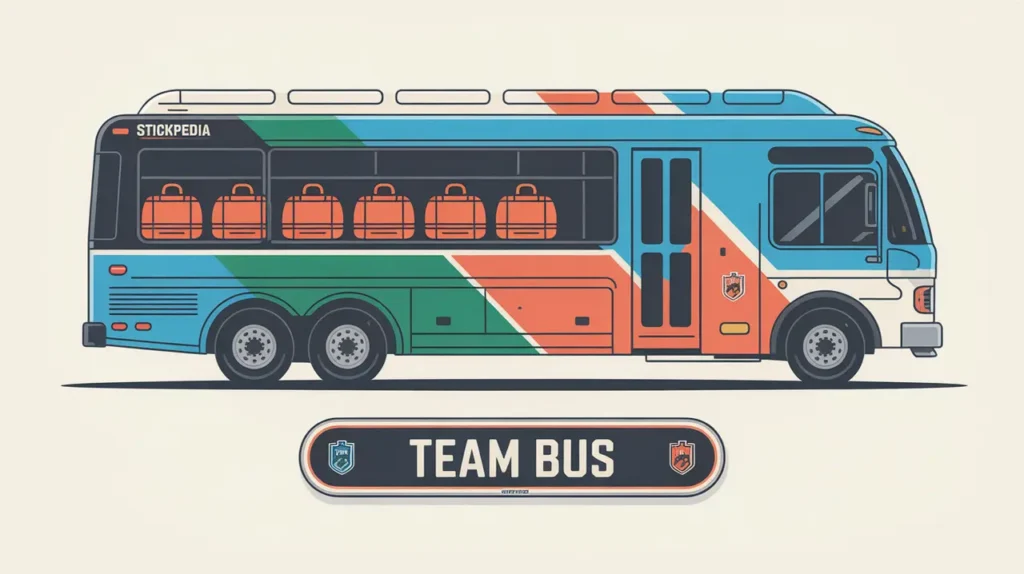 Modern team bus with hockey bags and team logo stripe