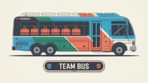 Modern team bus with hockey bags and team logo stripe