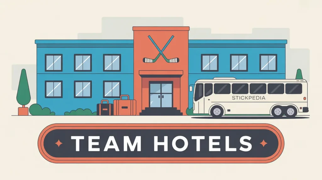 Hotel building with hockey flag gear bags and bus outside