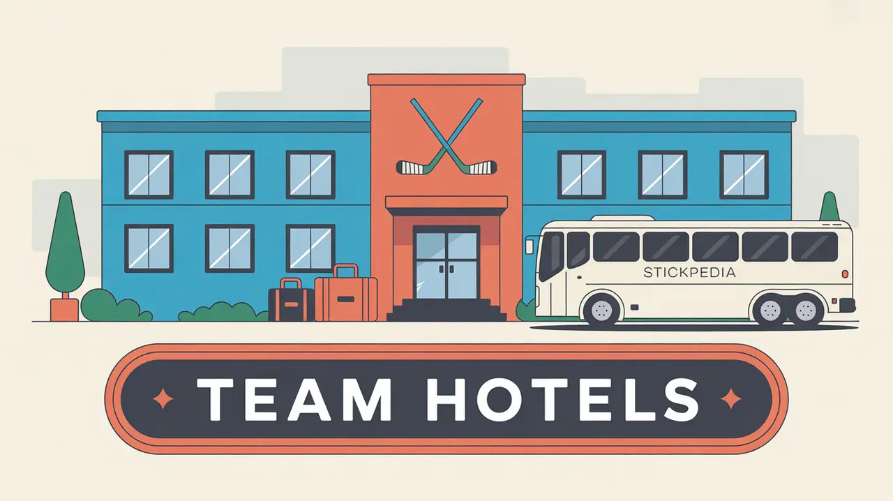 Hotel building with hockey flag gear bags and bus outside