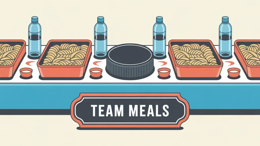 Illustration of a long table with pasta trays water bottles and hockey puck centerpiece