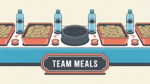Illustration of a long table with pasta trays water bottles and hockey puck centerpiece