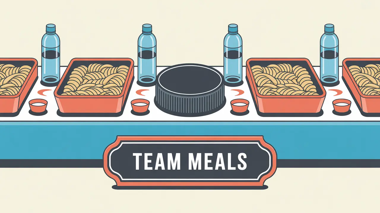 Illustration of a long table with pasta trays water bottles and hockey puck centerpiece