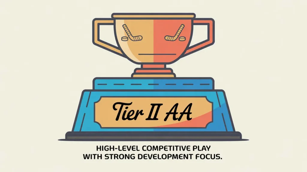 Modern trophy with hockey engravings labeled Tier II AA on cream background