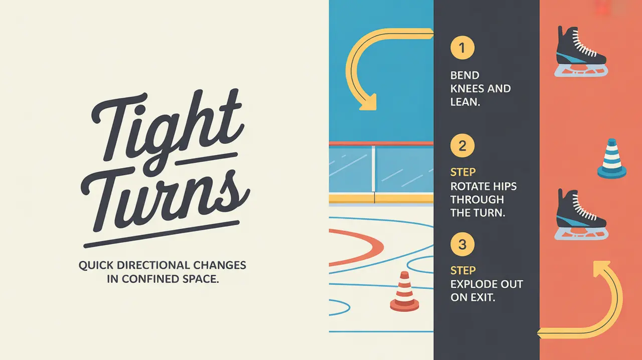 Split-screen illustration of ice hockey tight turn steps and nameplate