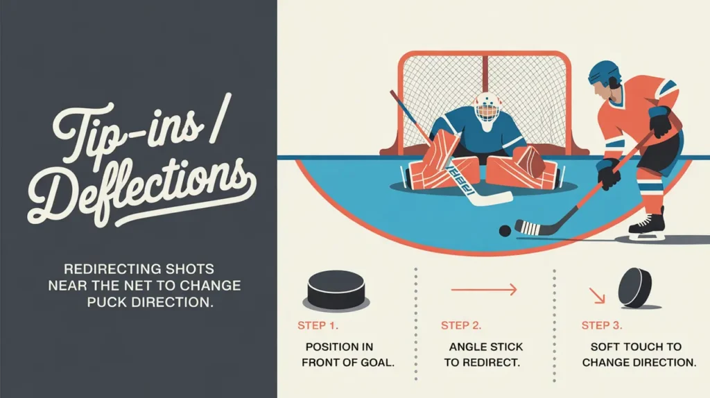 Illustration of tip-ins and deflections ice hockey technique steps