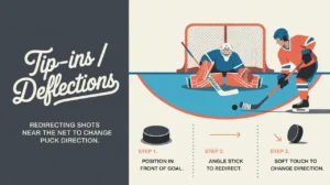 Illustration of tip-ins and deflections ice hockey technique steps