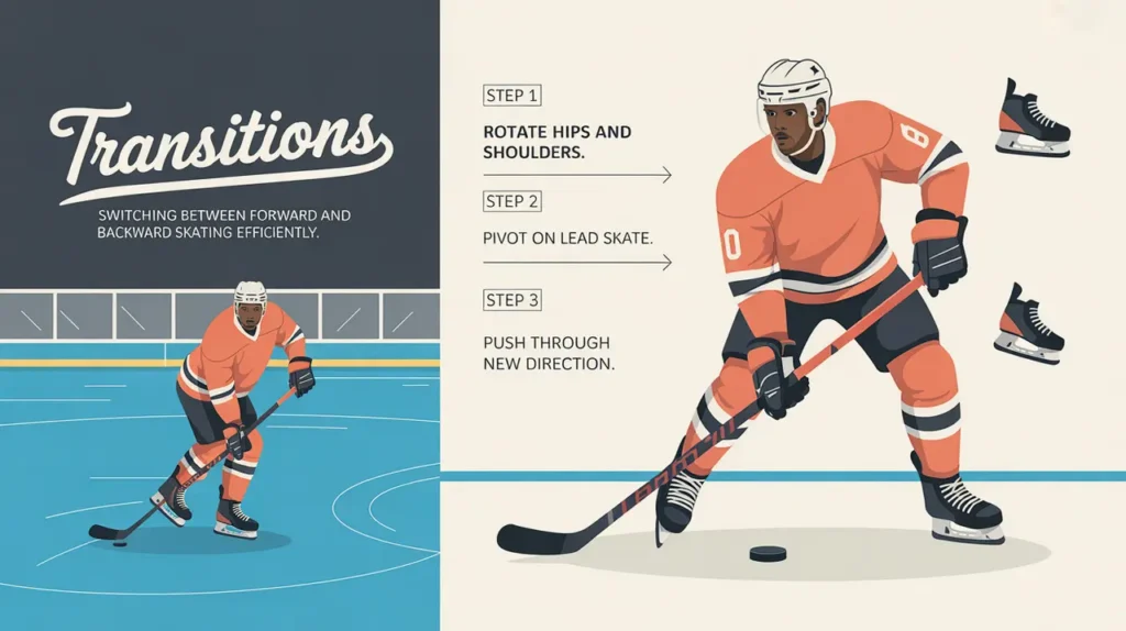 Split-screen hockey skating transition steps illustration
