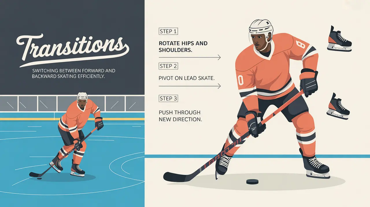 Split-screen hockey skating transition steps illustration