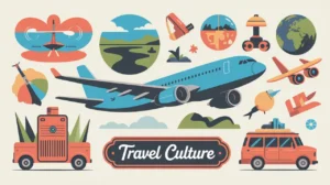 Collage of travel icons including bus plane passport hockey gear