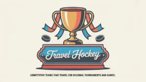Dynamic trophy with ribbon and puck accents for travel hockey