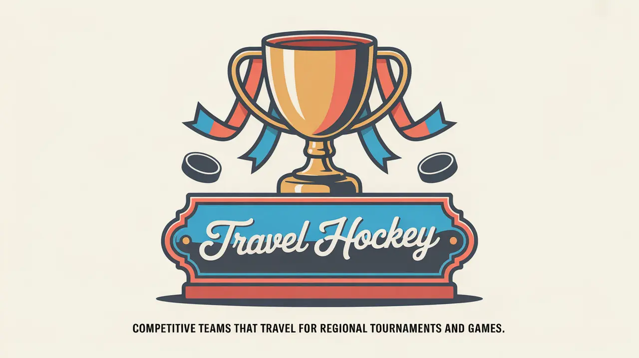 Dynamic trophy with ribbon and puck accents for travel hockey