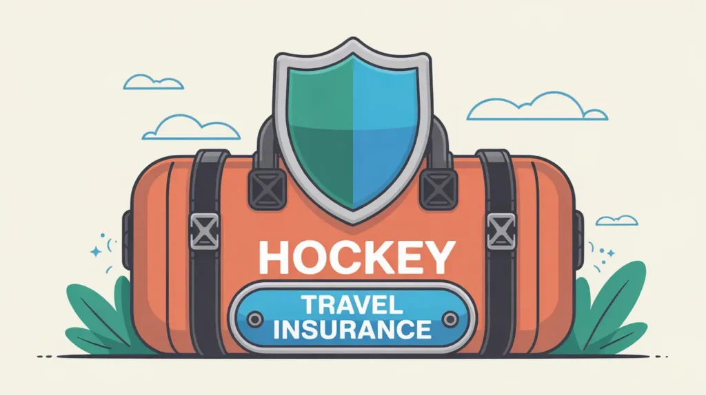 Hockey bag with protective shield icon and travel insurance nameplate