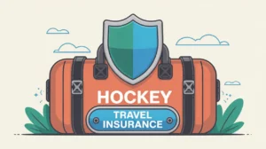 Hockey bag with protective shield icon and travel insurance nameplate