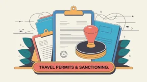 Illustration of official travel permits with hockey puck stamp and clipboard