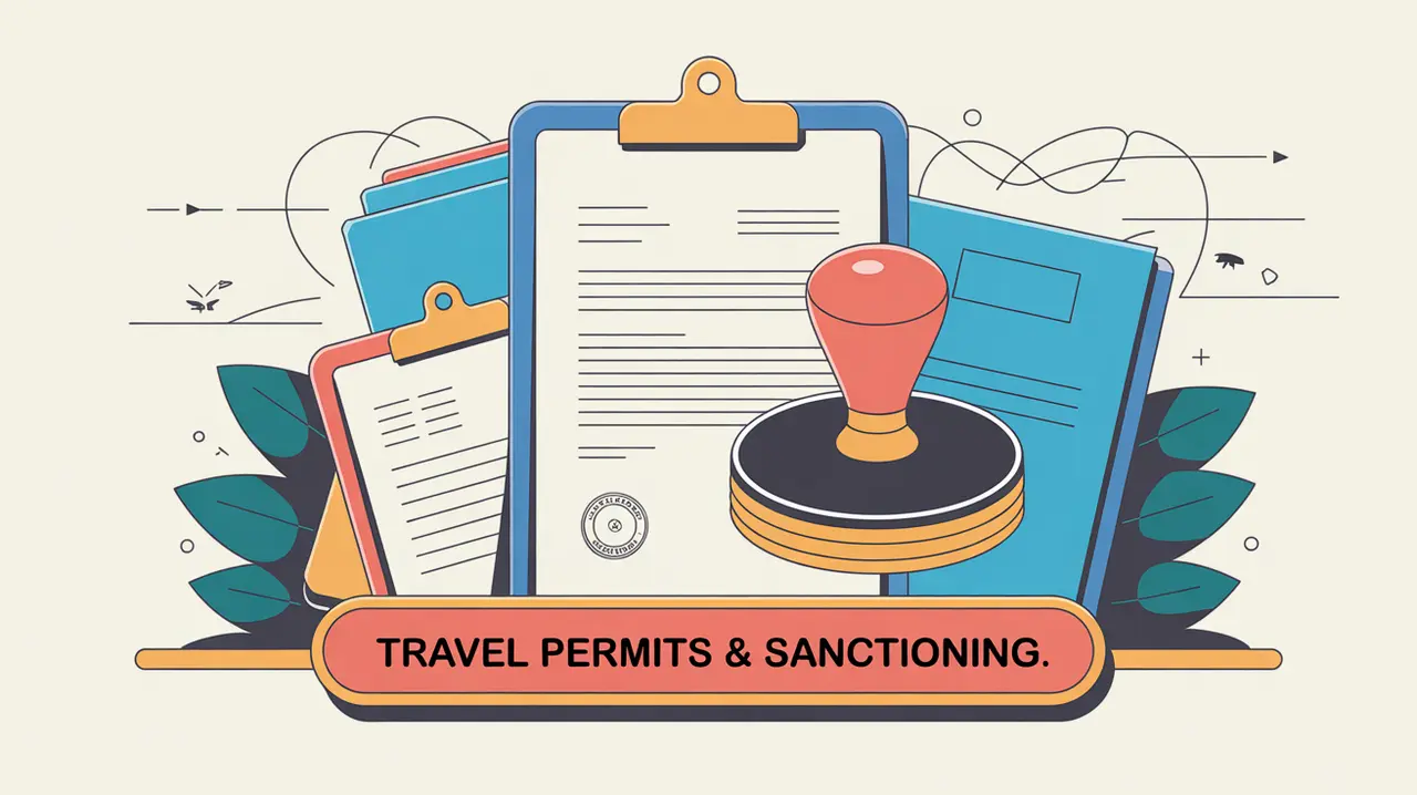 Illustration of official travel permits with hockey puck stamp and clipboard