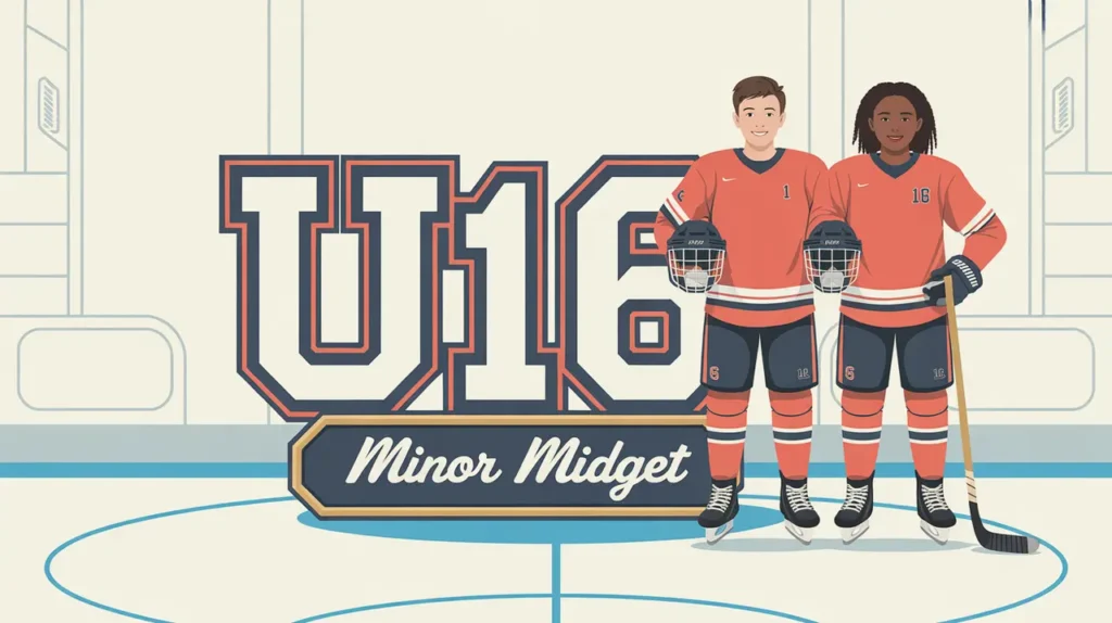 Two teenage hockey players standing confidently beside large U16 lettering