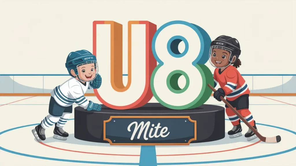 Children in beginner hockey gear playing around large colorful U8 foam blocks