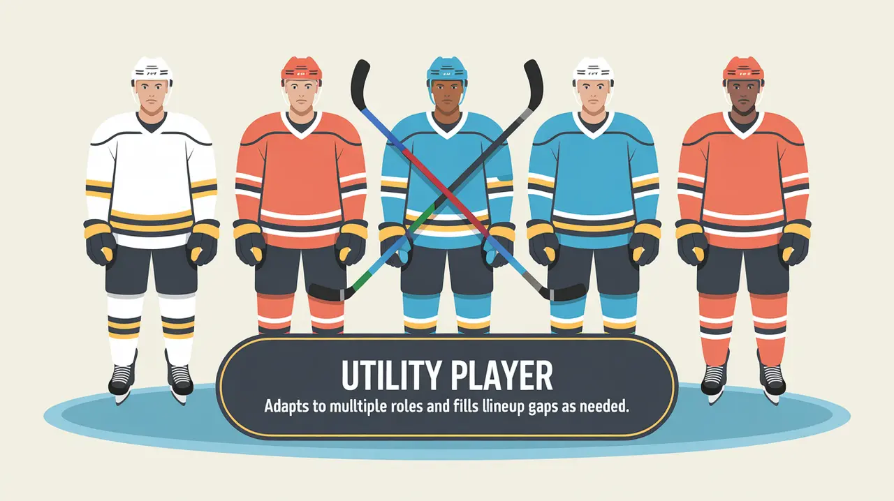 Hockey player holding forward and defense sticks crossed behind back