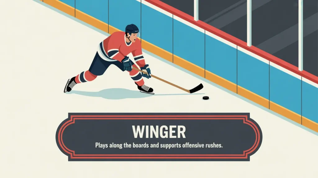Hockey player skating along boards with puck labeled Winger