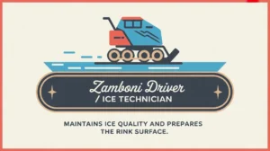 Stylized Zamboni machine with nameplate on ice background